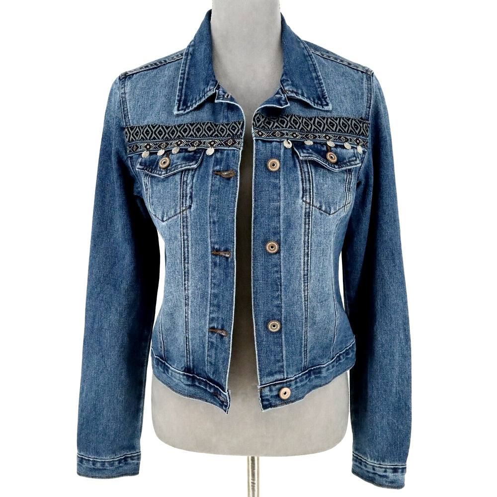 Boom Boom Jean Jacket Womens Small Embellished Trim Beads Pom Poms Denim